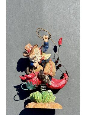 Vintage Resin Western Cowboy Bobble Head Riding Chili Pepper Lasso EUC
